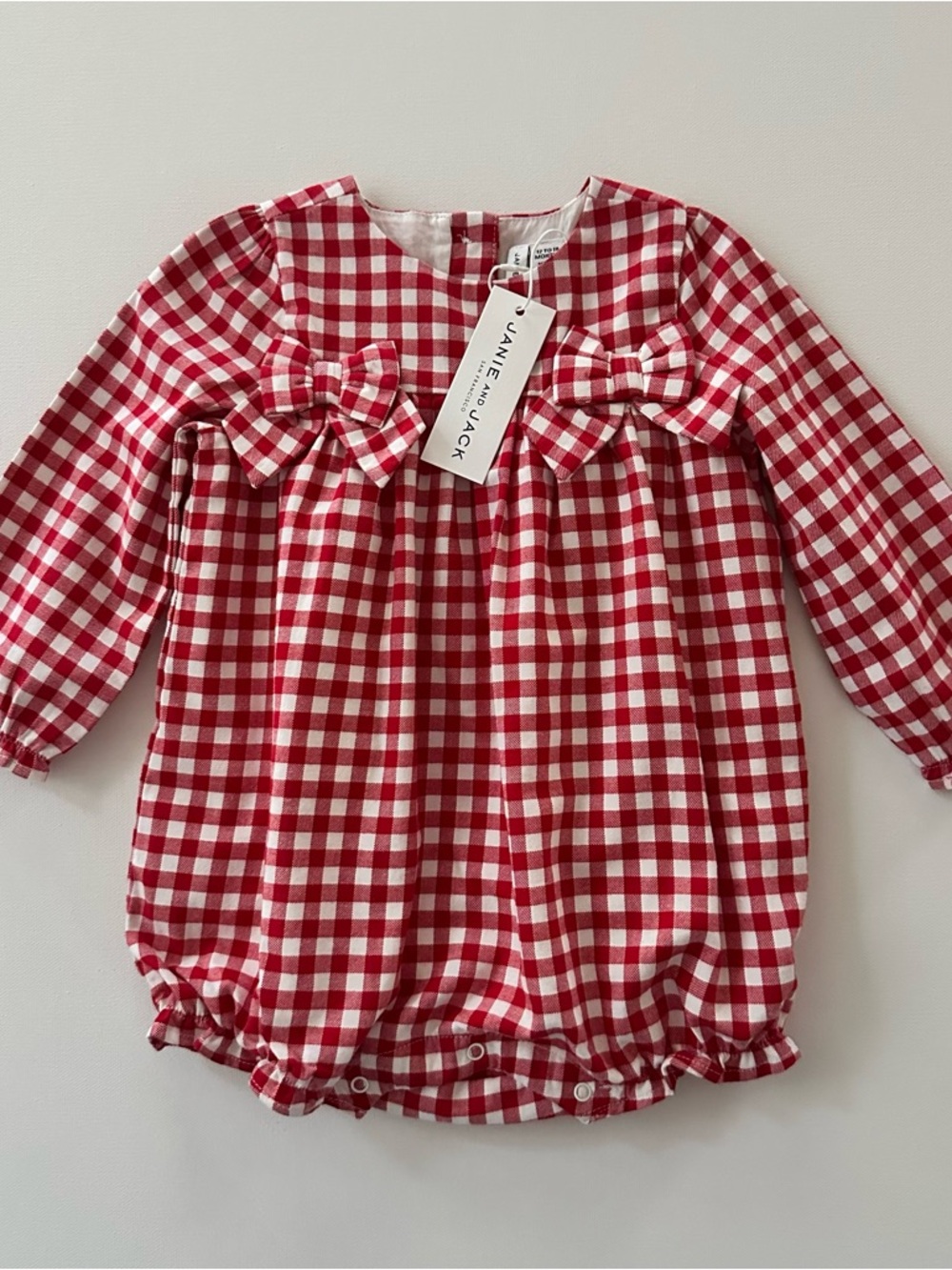Janie and Jack 12-18 Months Baby Girl Red Gingham Bow Bubble Romper Holiday NWT